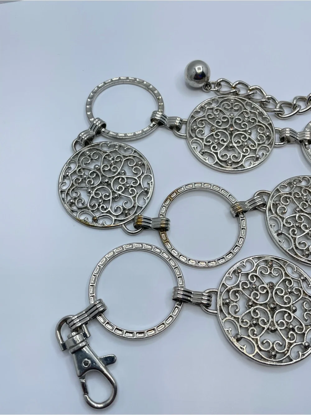 Silver Tone Filigree Disc Chain Belt Boho Retro Statement Adjustable Modern